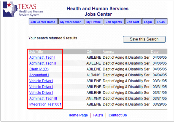 The Job Search results page displays. The red box highlights the Job Title column.