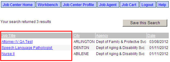 The Job Search results page displays. The red box highlights the Job Title column.