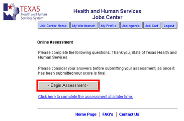 The Online Assessment start page is displayed. A red box highlights the Begin Assessment button.
