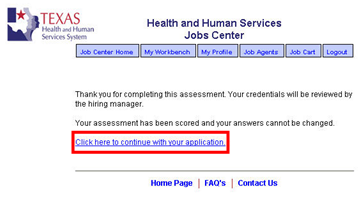 The online assessment completion screen is displayed. A red box highlights the Click here to continue with your application link.