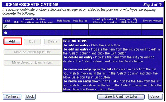 The Licenses/Certifications page displays. A red box highlights the Add button.