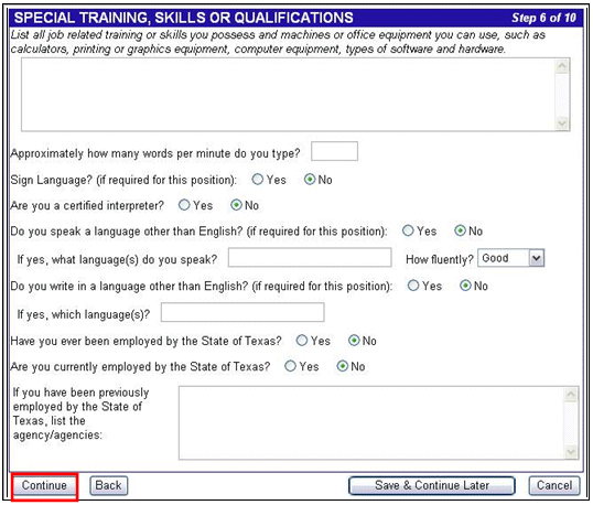 The Special Training, Skills or Qualifications page displays. A red box highlights the Continue button.