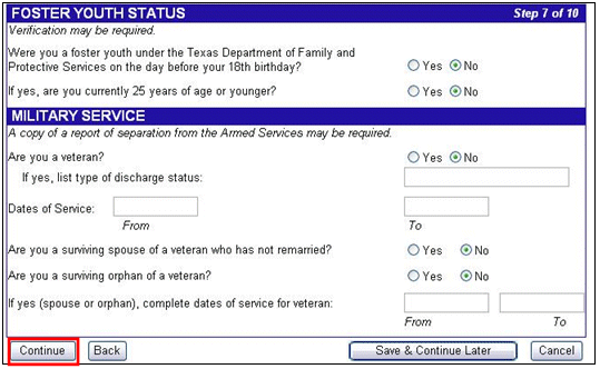 The Foster Youth Status and Military Service page displays. A red box highlights the Continue button.