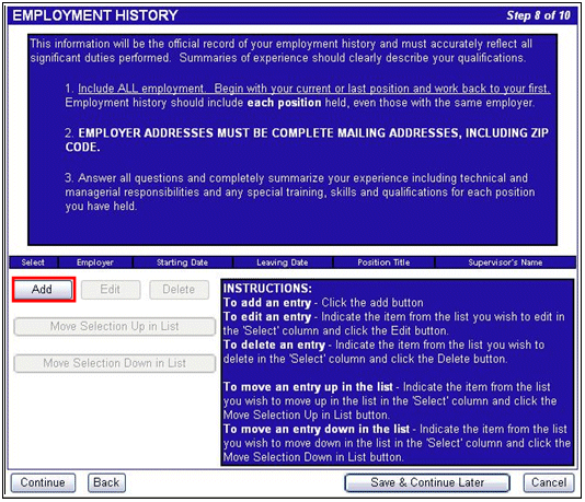 The Employment History page displays. A red box highlights the Add button.